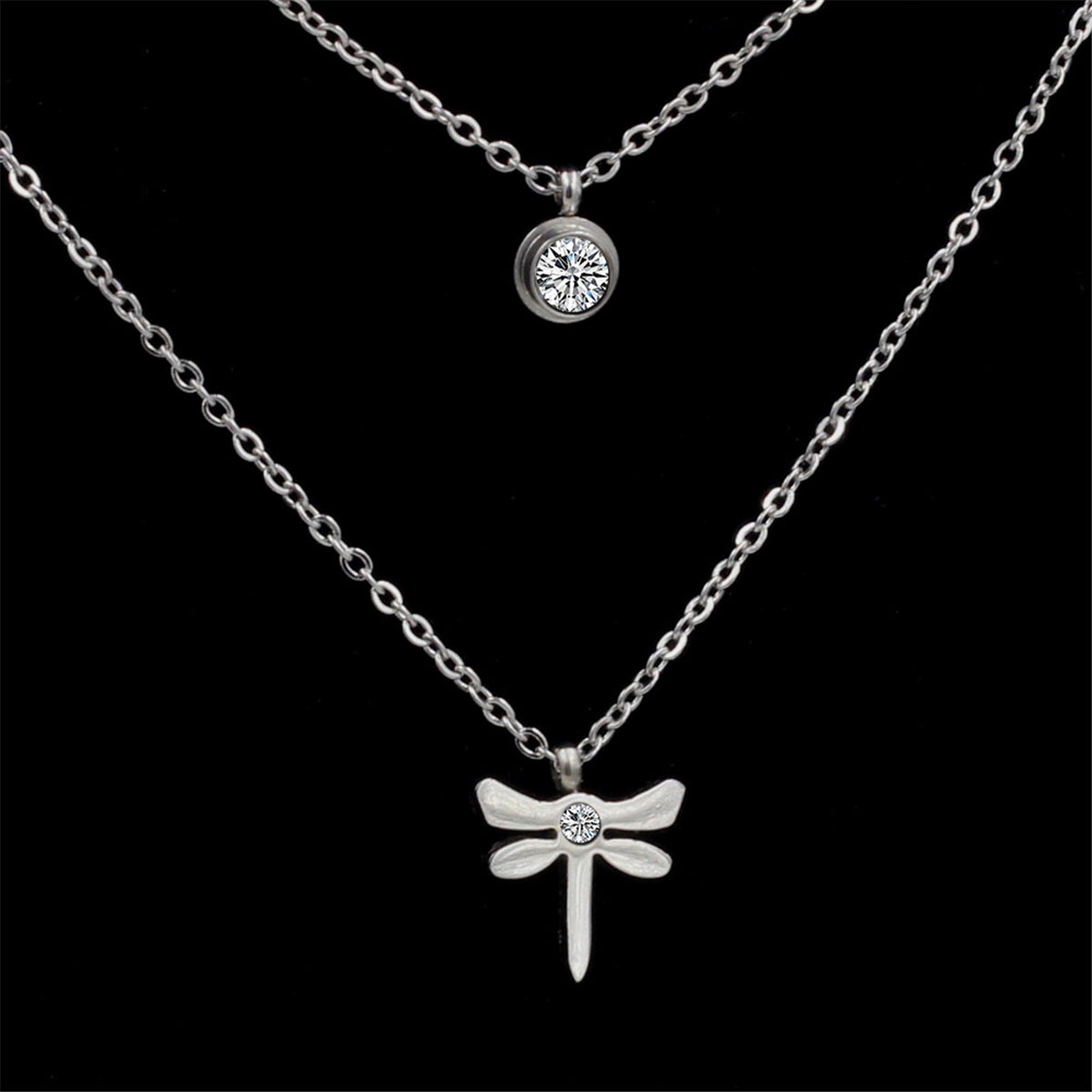 Cubic Zirconia and Silver-Plated Dragonfly Layered Pendant Necklace, silver pendant necklace for women, side view