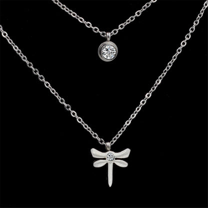 Cubic Zirconia and Silver-Plated Dragonfly Layered Pendant Necklace, silver pendant necklace for women, side view