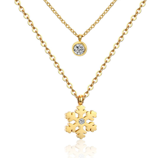 Cubic Zirconia and 18K Gold-Plated Layered Snowflake Pendant Necklace, gold pendant necklace for women, front view