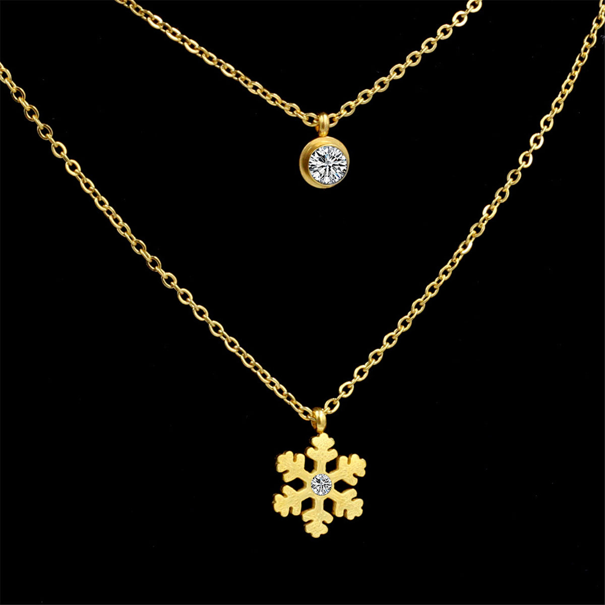 Cubic Zirconia and 18K Gold-Plated Layered Snowflake Pendant Necklace, gold pendant necklace for women, side view