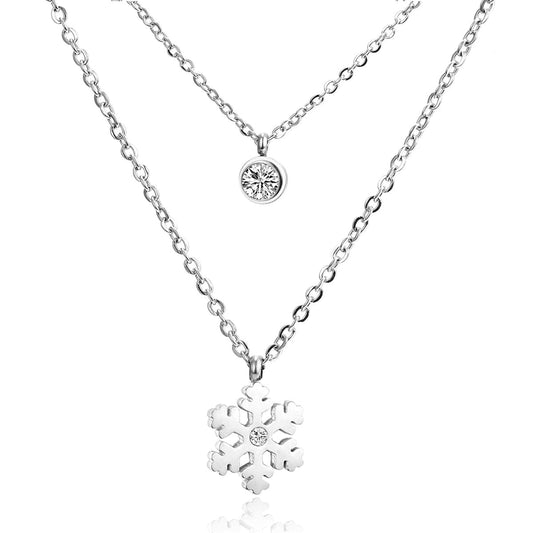Cubic Zirconia and Silver-Plated Snowflake Layered Pendant Necklace, silver pendant necklace for women, front view