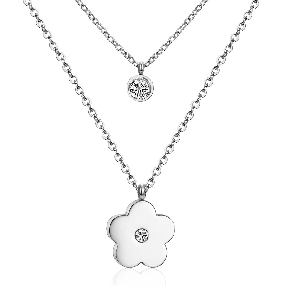 Cubic Zirconia and Silver-Plated Flower Layered Pendant Necklace, silver pendant necklace for women, front view