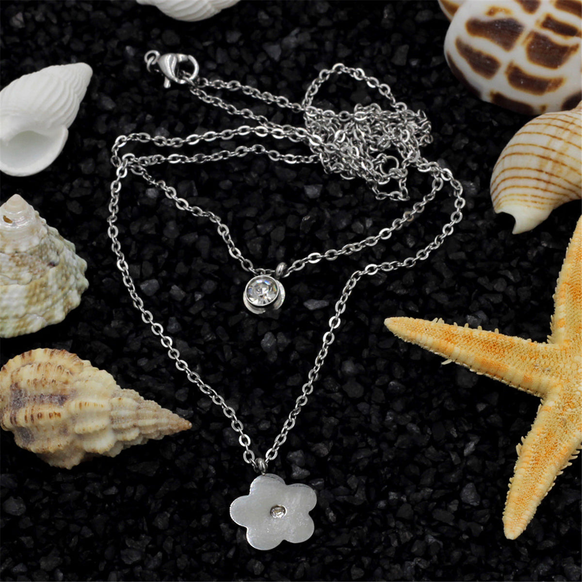 Cubic Zirconia and Silver-Plated Flower Layered Pendant Necklace, silver pendant necklace for women, side view