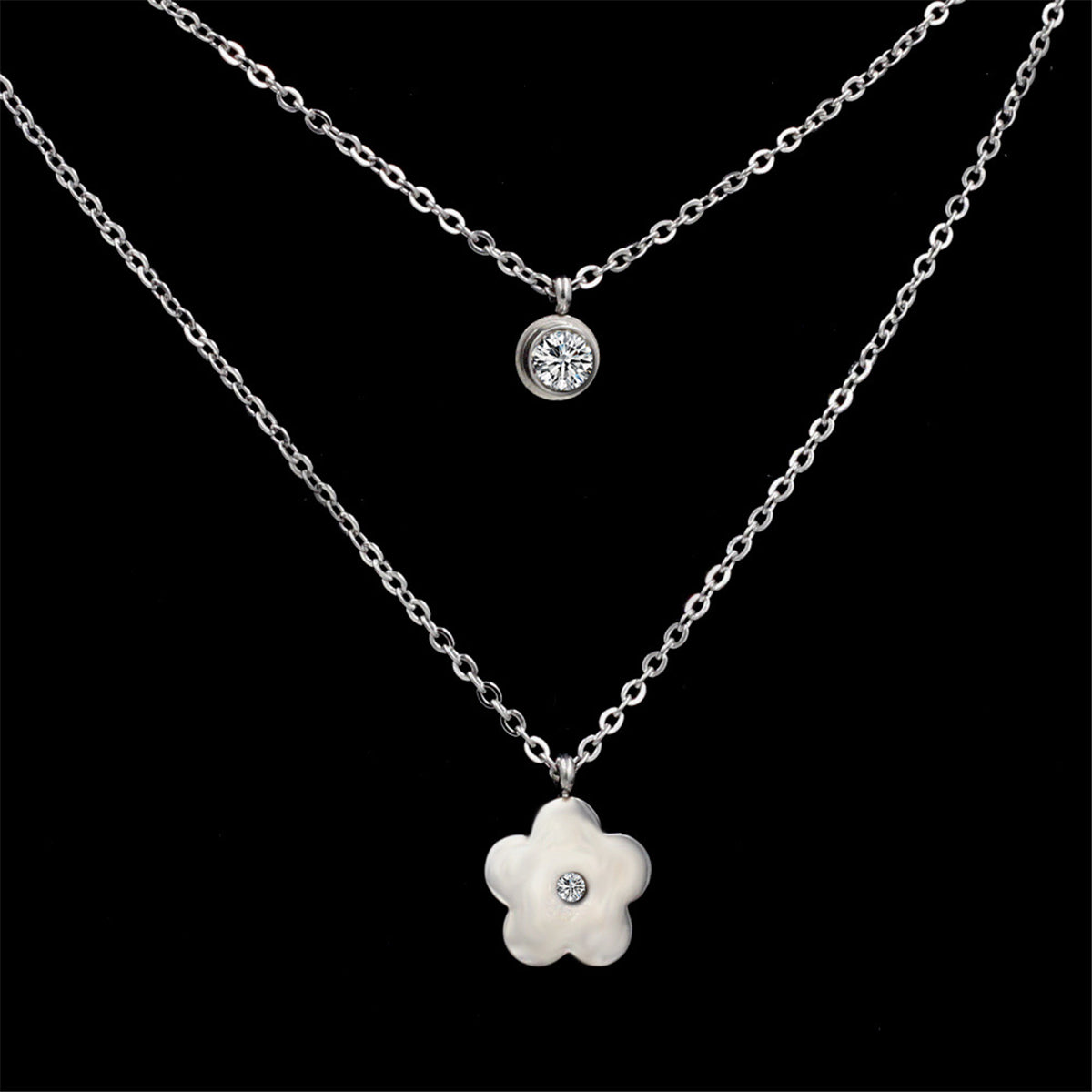 Cubic Zirconia and Silver-Plated Flower Layered Pendant Necklace, silver pendant necklace for women, detail close-up