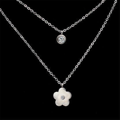 Cubic Zirconia and Silver-Plated Flower Layered Pendant Necklace, silver pendant necklace for women, detail close-up