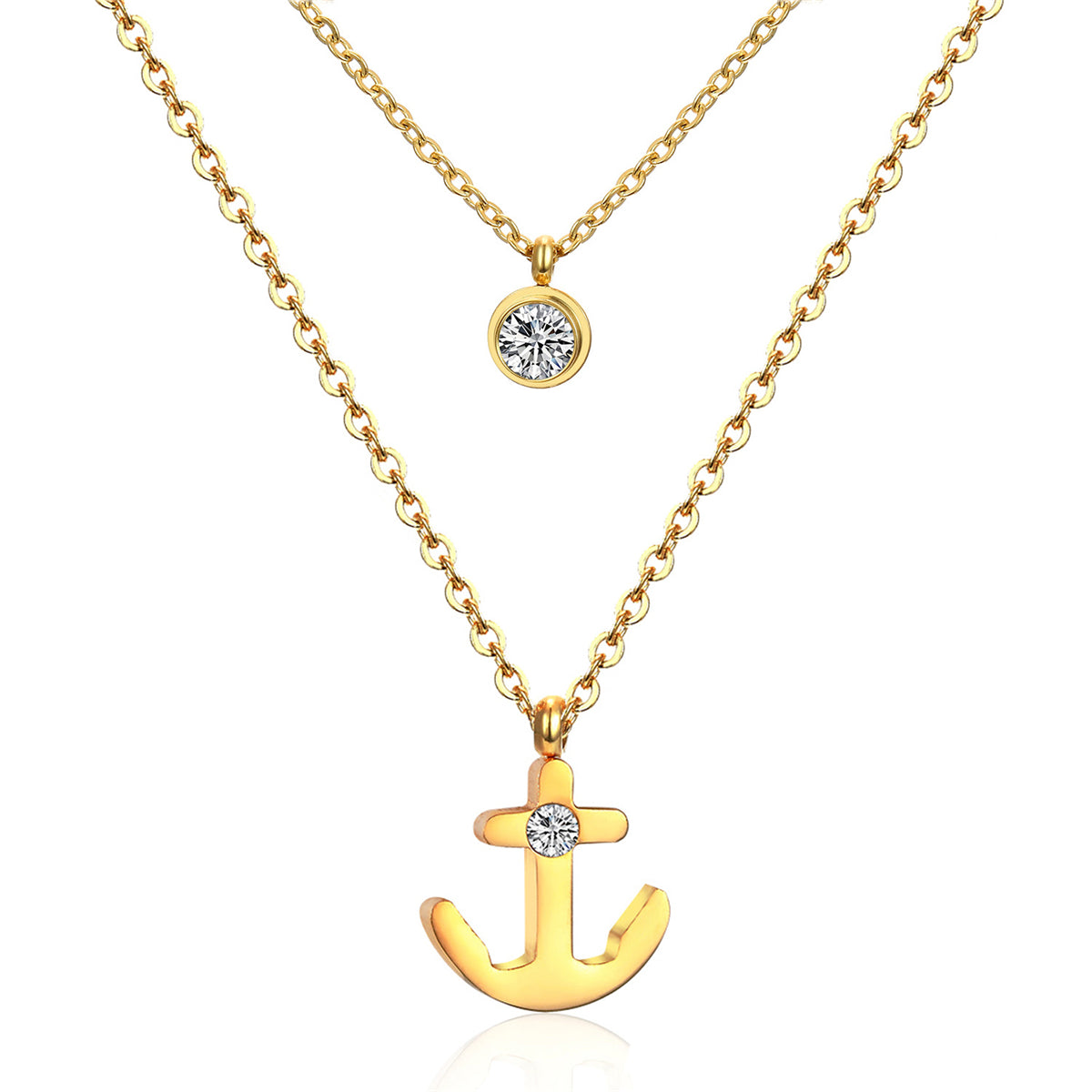 Cubic Zirconia and 18K Gold-Plated Anchor Layered Pendant Necklace, gold pendant necklace for women, front view