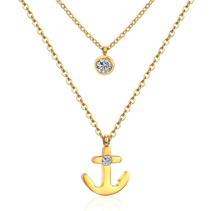 Cubic Zirconia and 18K Gold-Plated Anchor Layered Pendant Necklace, gold pendant necklace for women, front view