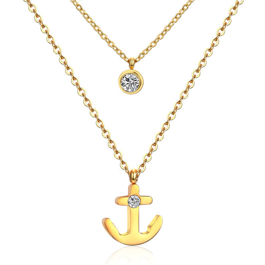 Cubic Zirconia and 18K Gold-Plated Anchor Layered Pendant Necklace, gold pendant necklace for women, front view