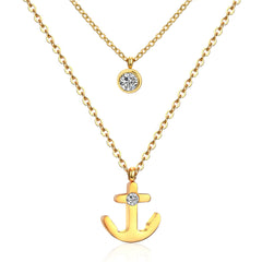Cubic Zirconia & 18K Gold-Plated Anchor Layered Pendant Necklace