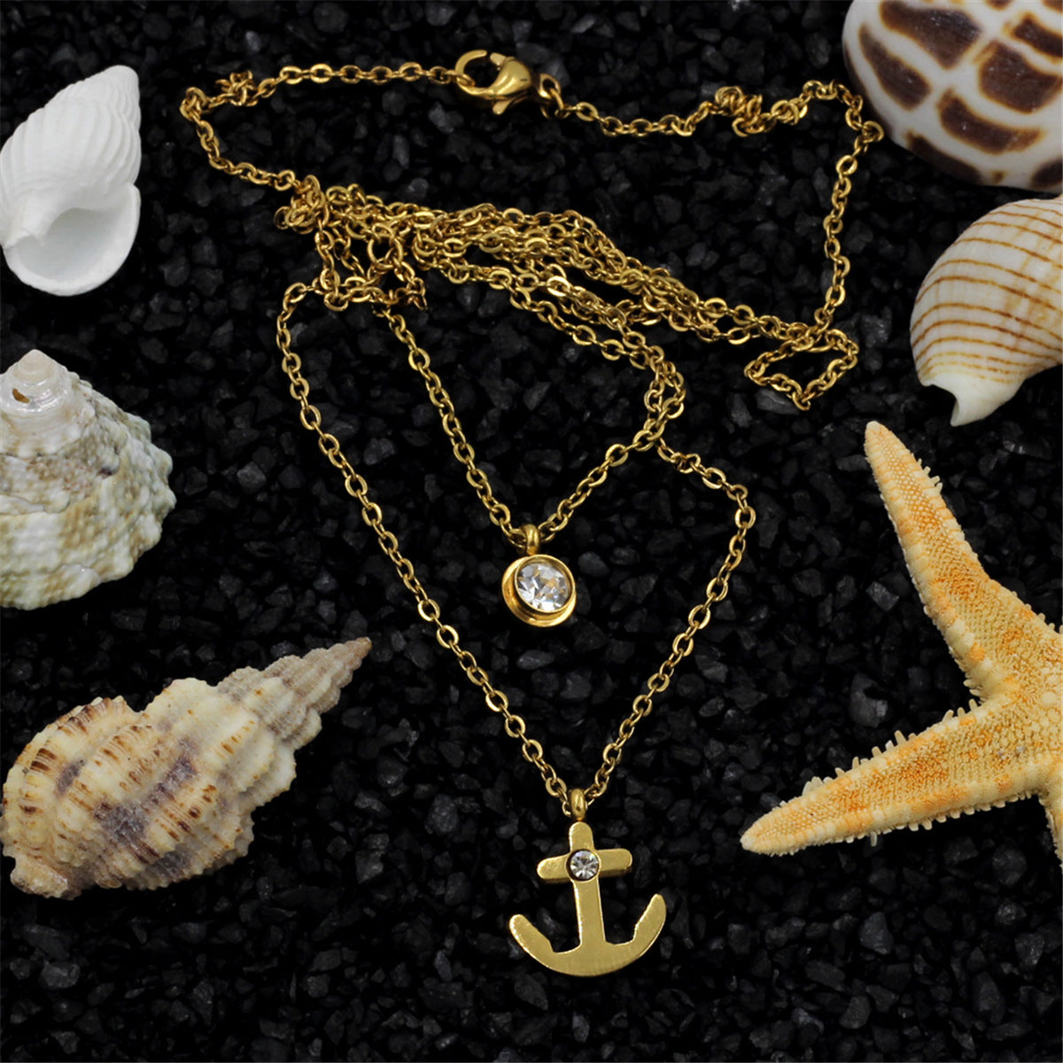 Cubic Zirconia and 18K Gold-Plated Anchor Layered Pendant Necklace, gold pendant necklace for women, detail close-up