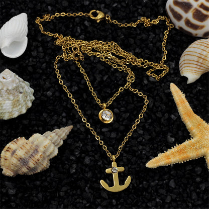 Cubic Zirconia and 18K Gold-Plated Anchor Layered Pendant Necklace, gold pendant necklace for women, detail close-up