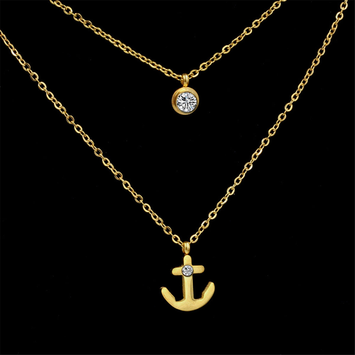 Cubic Zirconia and 18K Gold-Plated Anchor Layered Pendant Necklace, gold pendant necklace for women, side view