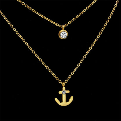 Cubic Zirconia and 18K Gold-Plated Anchor Layered Pendant Necklace, gold pendant necklace for women, side view
