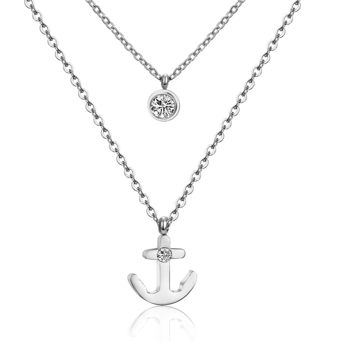 Cubic Zirconia & Silver-Plated Anchor Layered Pendant Necklace