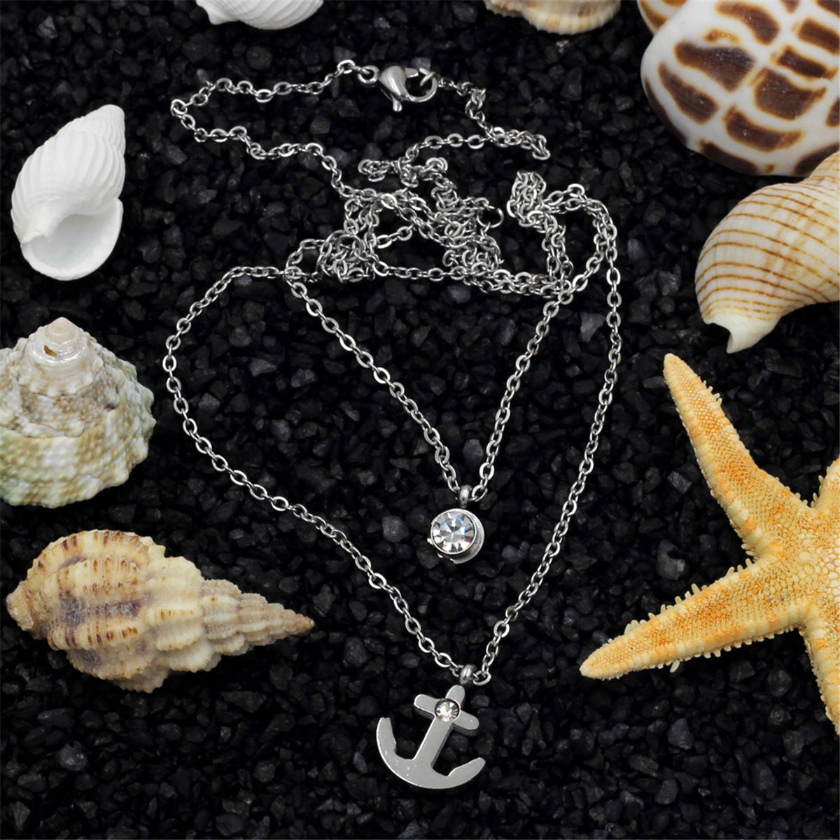 Cubic Zirconia and Silver-Plated Anchor Layered Pendant Necklace, silver pendant necklace for women, side view
