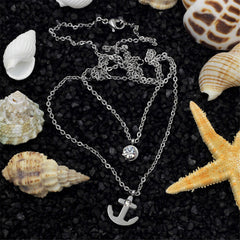 Cubic Zirconia & Silver-Plated Anchor Layered Pendant Necklace