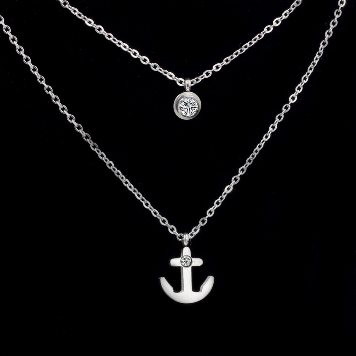 Cubic Zirconia and Silver-Plated Anchor Layered Pendant Necklace, silver pendant necklace for women, detail close-up