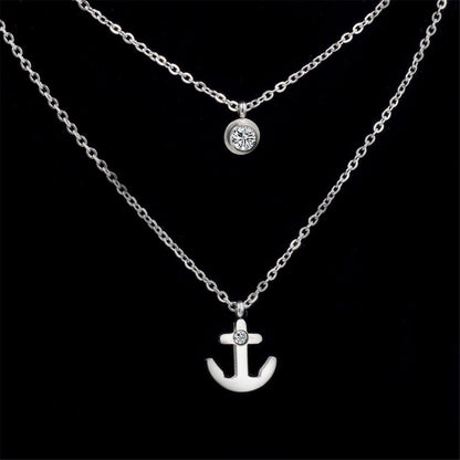 Cubic Zirconia and Silver-Plated Anchor Layered Pendant Necklace, silver pendant necklace for women, detail close-up