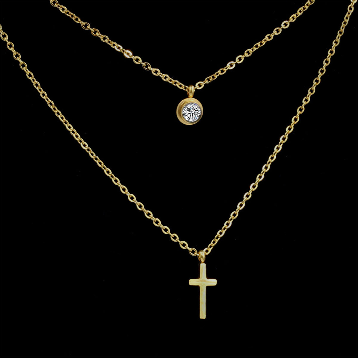 Cubic Zirconia & 18K Gold-Plated Cross Pendant Layered Necklace