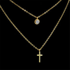 Cubic Zirconia & 18K Gold-Plated Cross Pendant Layered Necklace