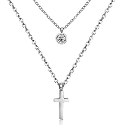 Cubic Zirconia and Silver-Plated Cross Pendant Layered Necklace, silver pendant necklace for women, front view