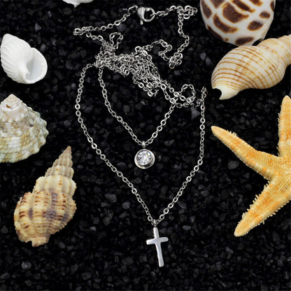 Cubic Zirconia and Silver-Plated Cross Pendant Layered Necklace, silver pendant necklace for women, side view