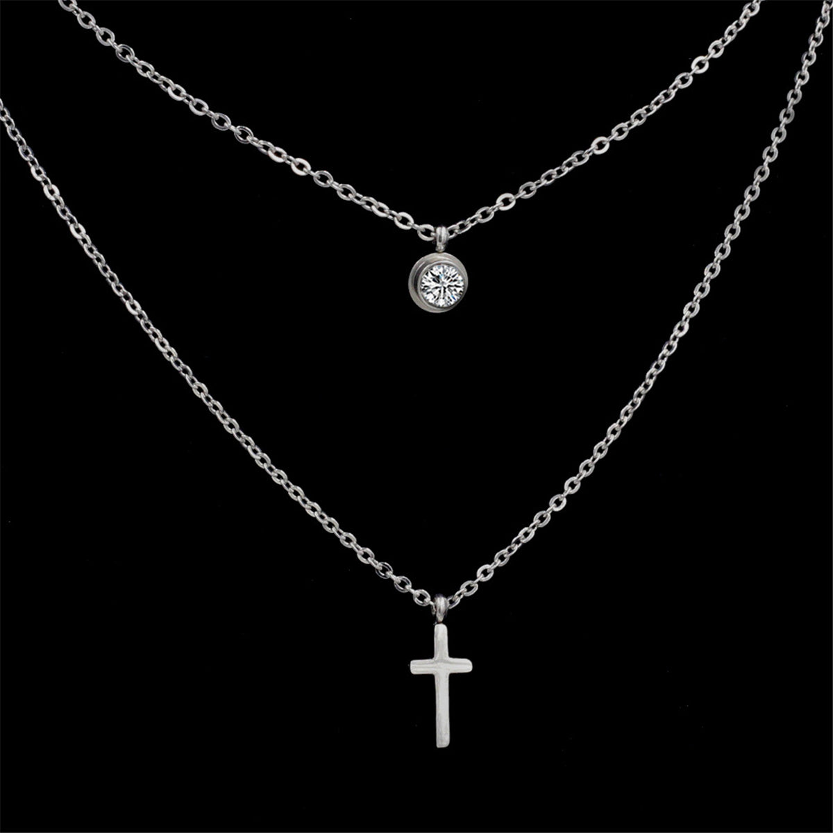 Cubic Zirconia and Silver-Plated Cross Pendant Layered Necklace, silver pendant necklace for women, detail close-up