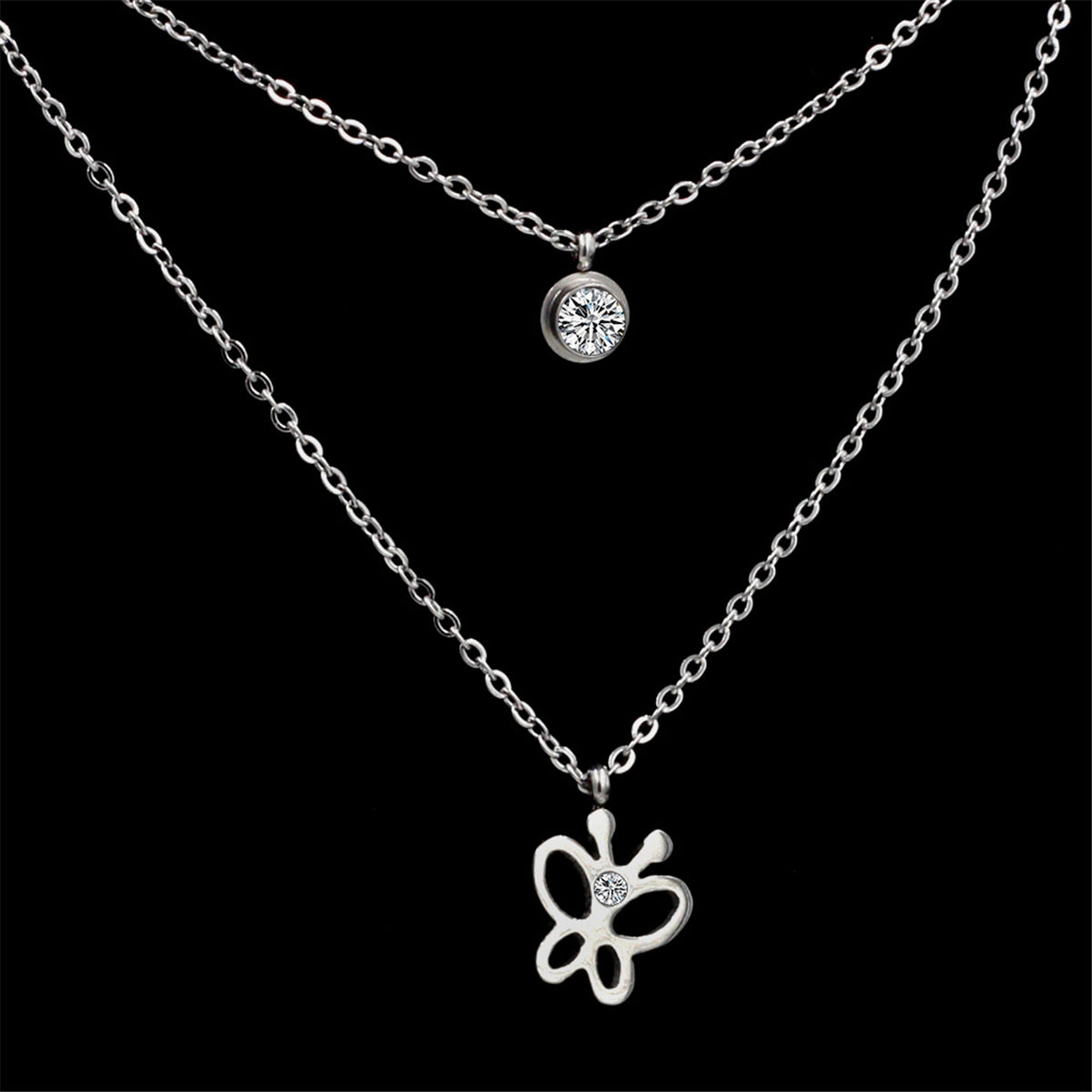 Cubic Zirconia & Silver-Plated Butterfly Layered Pendant Necklace