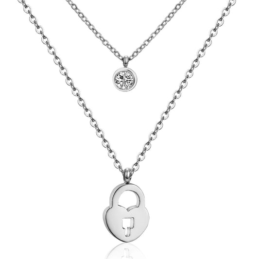 Cubic Zirconia and Silver-Plated Heart Lock Layered Pendant Necklace, silver pendant necklace for women, front view