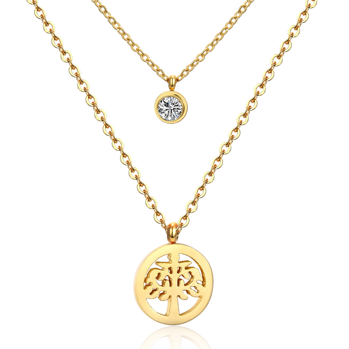 Cubic Zirconia and 18K Gold-Plated Tree Of Life Pendant Layered Necklace, gold pendant necklace for women, front view