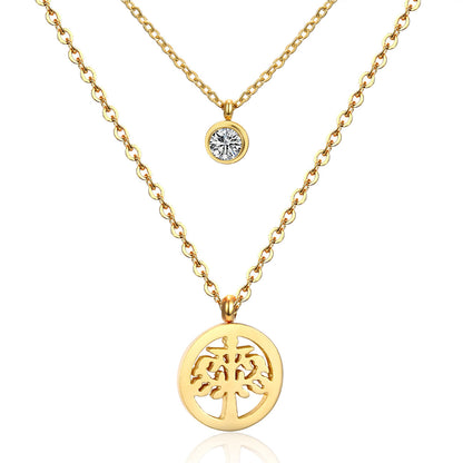 Cubic Zirconia and 18K Gold-Plated Tree Of Life Pendant Layered Necklace, gold pendant necklace for women, front view