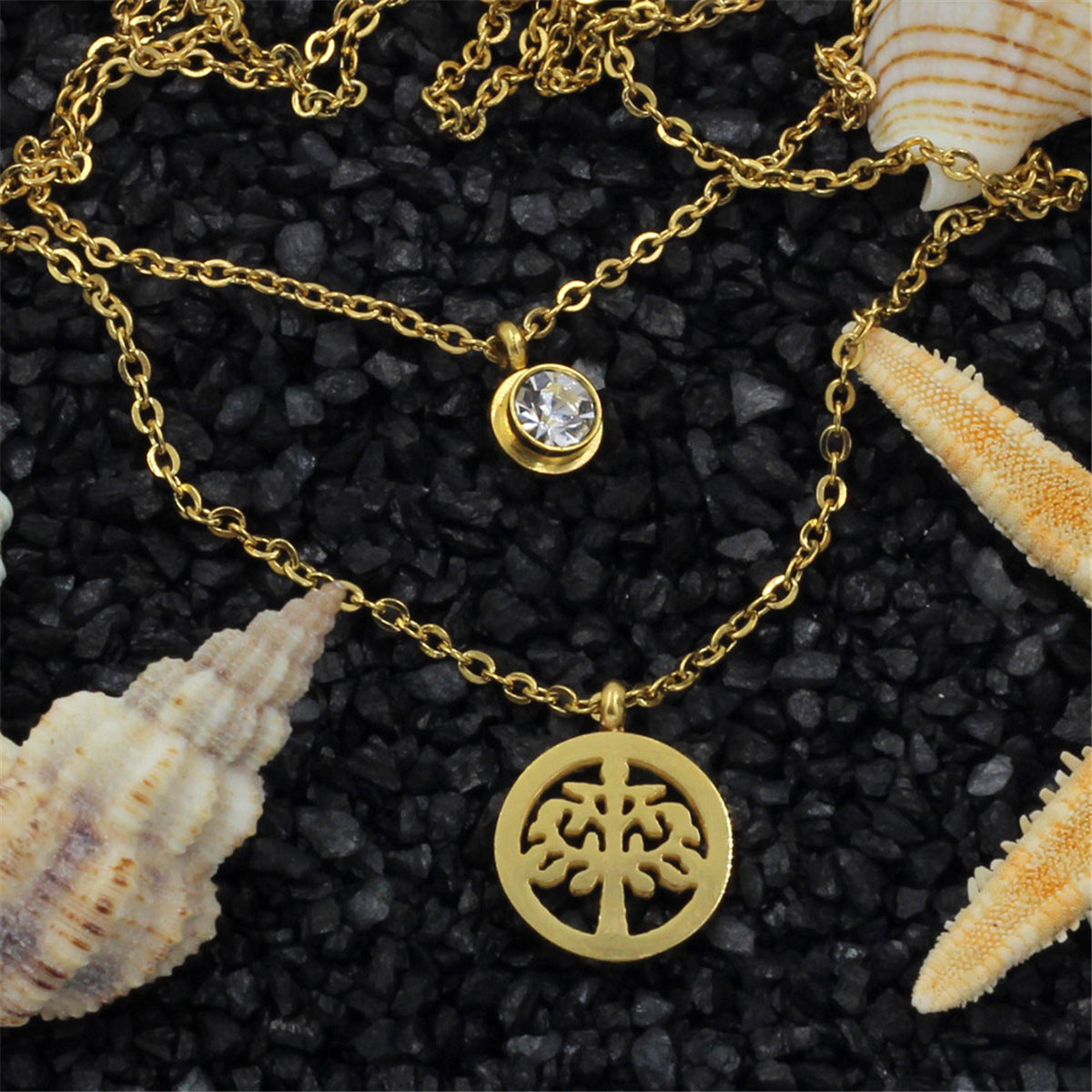 Cubic Zirconia and 18K Gold-Plated Tree Of Life Pendant Layered Necklace, gold pendant necklace for women, detail close-up
