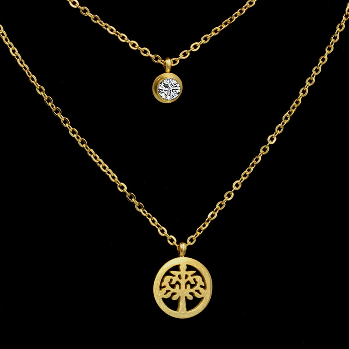 Cubic Zirconia and 18K Gold-Plated Tree Of Life Pendant Layered Necklace, gold pendant necklace for women, side view