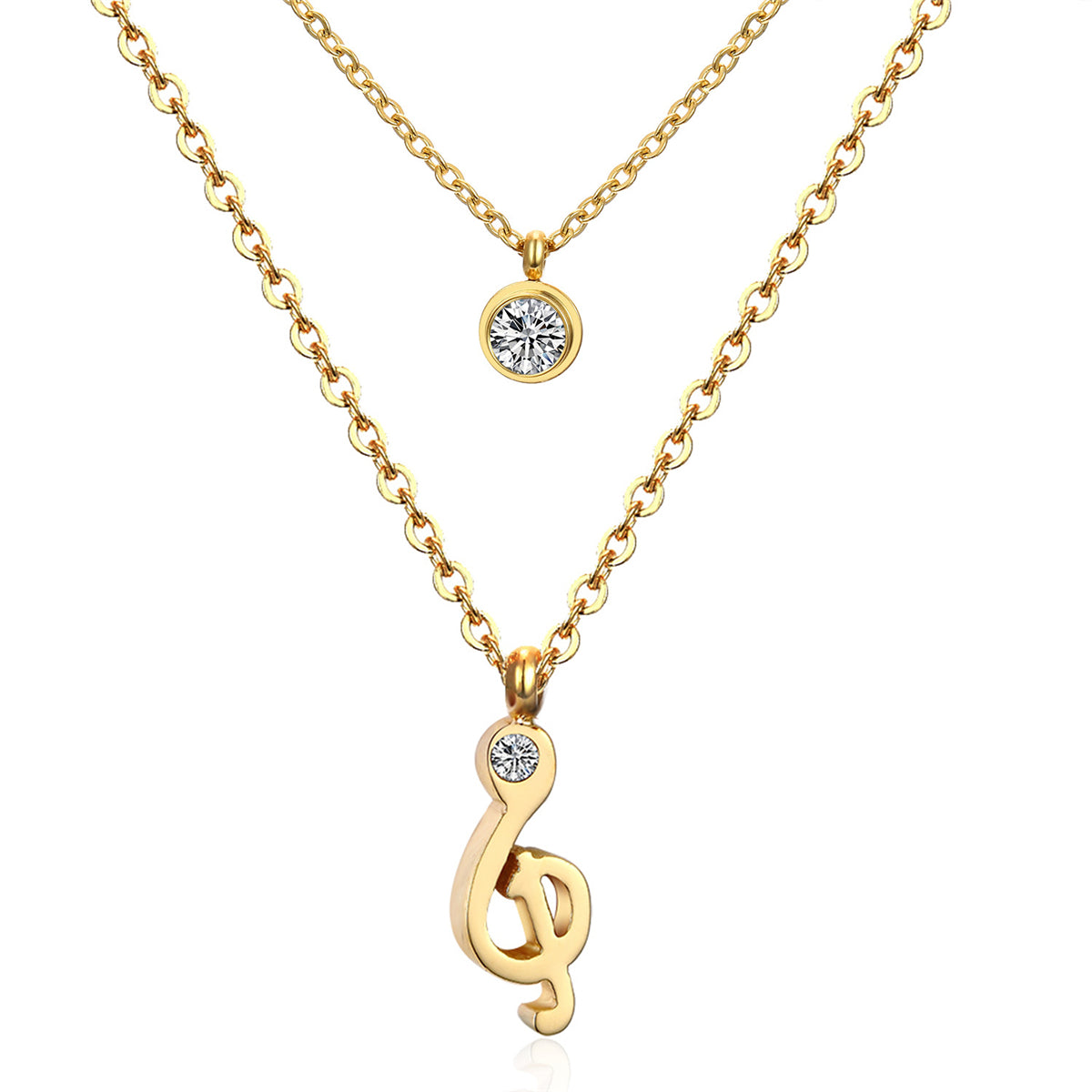 Cubic Zirconia and 18K Gold-Plated Clef Note Layered Pendant Necklace, gold pendant necklace for women, front view