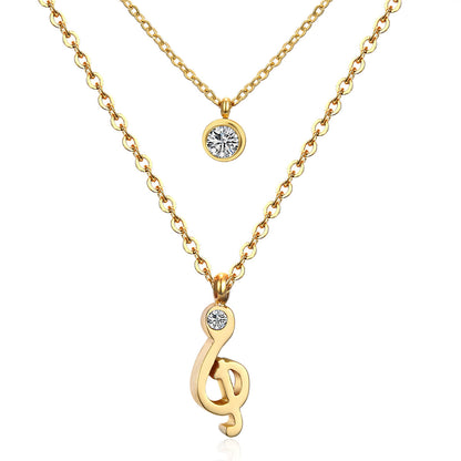 Cubic Zirconia and 18K Gold-Plated Clef Note Layered Pendant Necklace, gold pendant necklace for women, front view