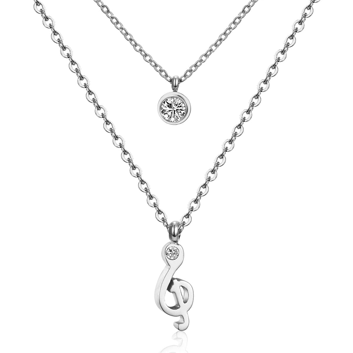 Cubic Zirconia and Silver-Plated Clef Note Layered Pendant Necklace, silver pendant necklace for women, front view
