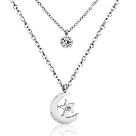 Cubic Zirconia and Silver-Plated Moon Layered Pendant Necklace, silver pendant necklace for women, front view
