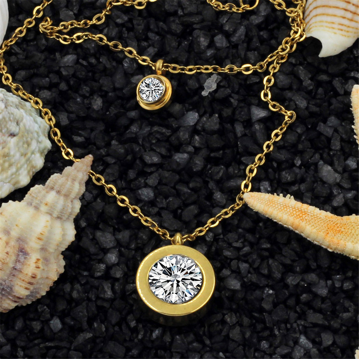 Cubic Zirconia and 18K Gold-Plated Round Layered Pendant Necklace, gold pendant necklace for women, detail close-up