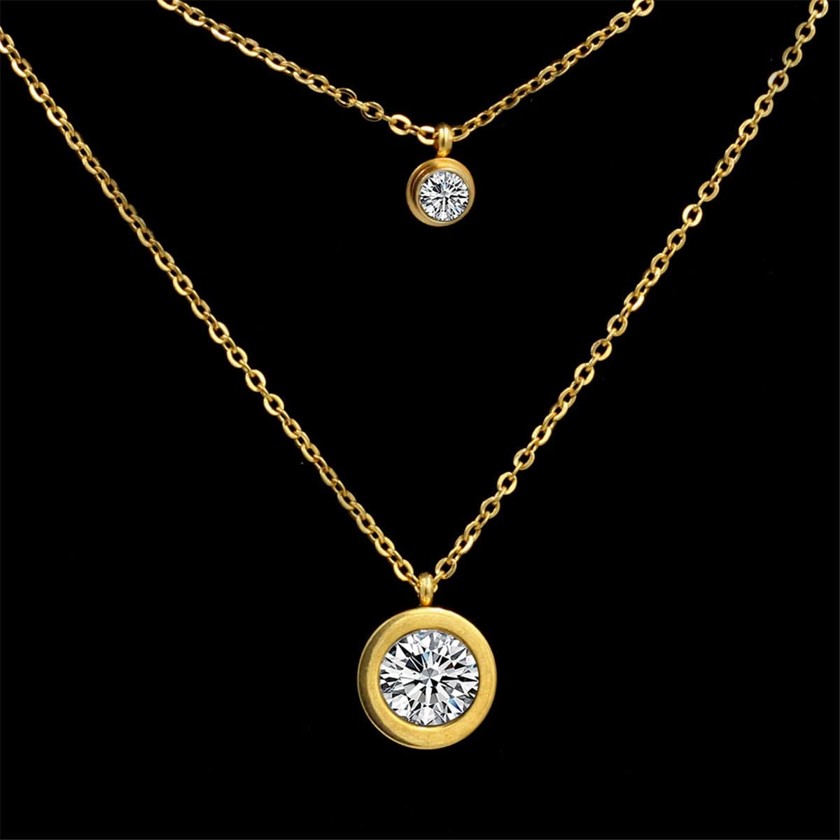 Cubic Zirconia and 18K Gold-Plated Round Layered Pendant Necklace, gold pendant necklace for women, side view