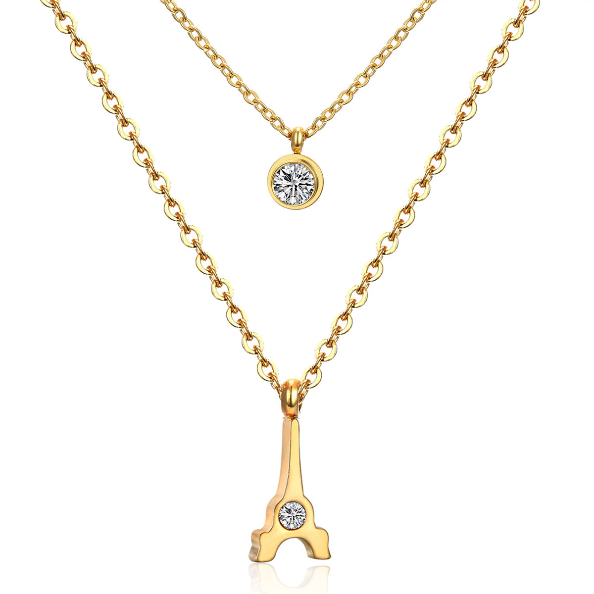 Cubic Zirconia and 18K Gold-Plated Tower Layered Pendant Necklace, gold pendant necklace for women, front view