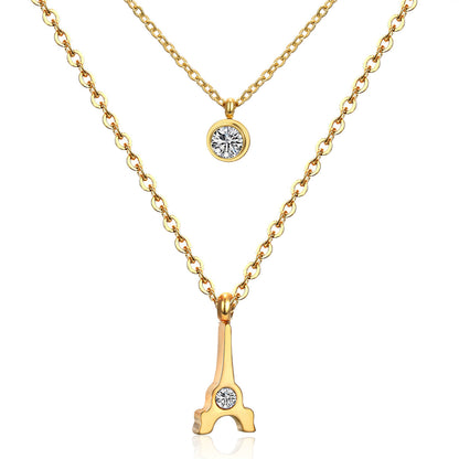 Cubic Zirconia and 18K Gold-Plated Tower Layered Pendant Necklace, gold pendant necklace for women, front view