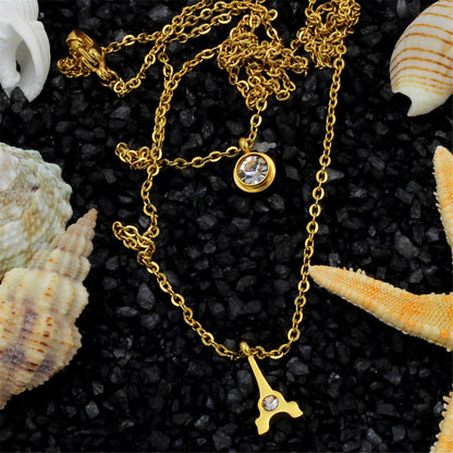 Cubic Zirconia and 18K Gold-Plated Tower Layered Pendant Necklace, gold pendant necklace for women, detail close-up