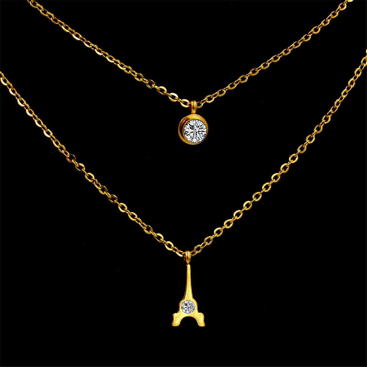 Cubic Zirconia and 18K Gold-Plated Tower Layered Pendant Necklace, gold pendant necklace for women, side view