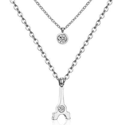 Cubic Zirconia and Silver-Plated Tower Layered Pendant Necklace, silver pendant necklace for women, front view