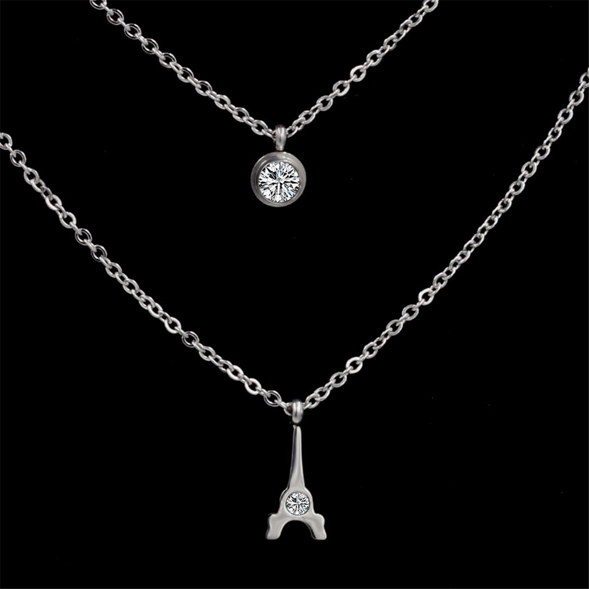 Cubic Zirconia and Silver-Plated Tower Layered Pendant Necklace, silver pendant necklace for women, side view