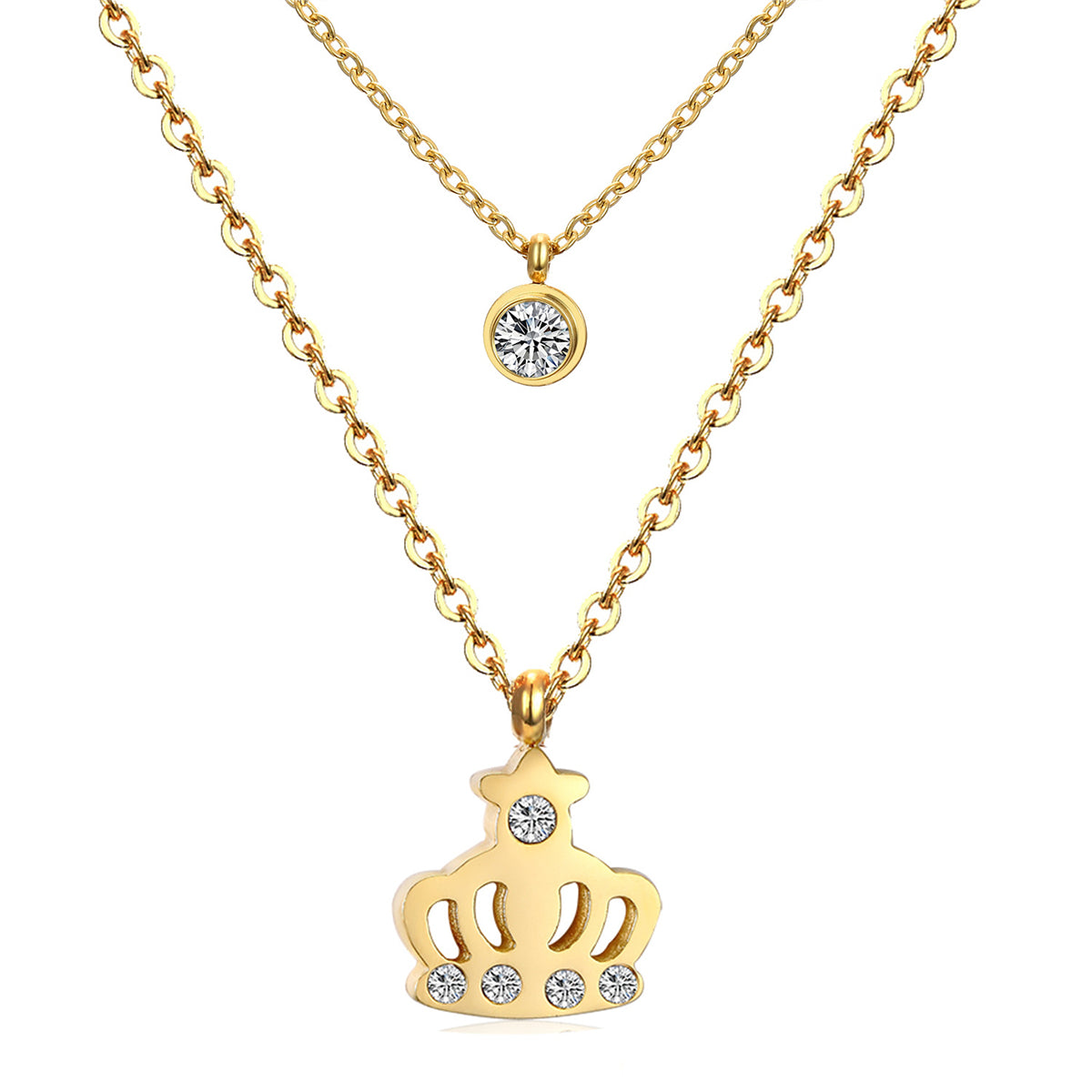 Cubic Zirconia and 18K Gold-Plated Crown Layered Pendant Necklace, gold pendant necklace for women, front view