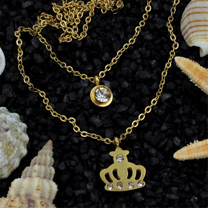 Cubic Zirconia and 18K Gold-Plated Crown Layered Pendant Necklace, gold pendant necklace for women, everyday style, side view