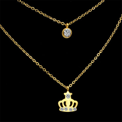 Cubic Zirconia and 18K Gold-Plated Crown Layered Pendant Necklace, gold pendant necklace for women, detail close-up