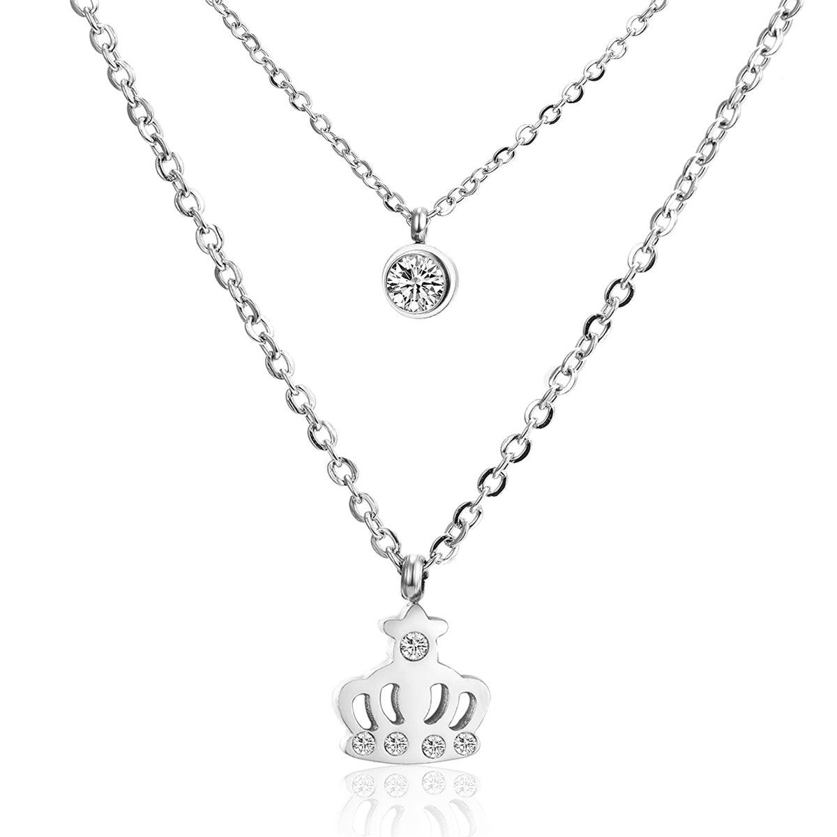 Cubic Zirconia and Silver-Plated Crown Layered Pendant Necklace, silver pendant necklace for women, side view
