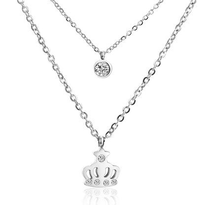 Cubic Zirconia and Silver-Plated Crown Layered Pendant Necklace, silver pendant necklace for women, side view
